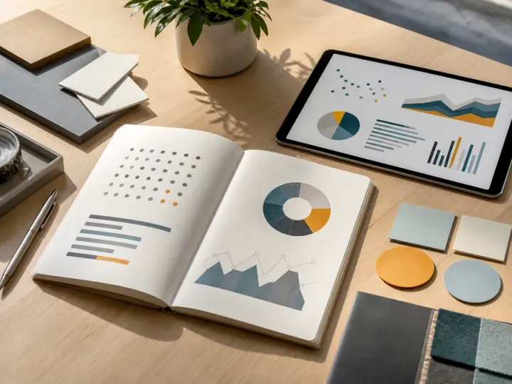 Research notes and analytics charts on a desk